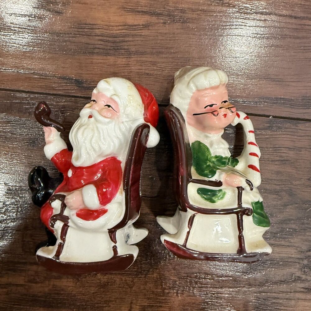 Vintage Japan Santa Mrs. Claus Candy Cane Rocking Chairs Salt Pepper Shakers G9